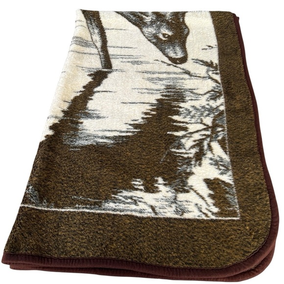 VTG San Marcos Drinking Deer Meadow Birds Reversible Plush Blanket Brown 56x85 - Picture 11 of 13